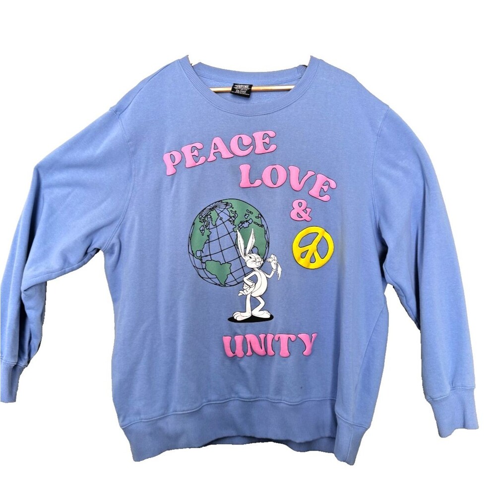 Vintage Looney Tunes Sweatshirt 2XL Peace Love Unity Bugs Bunny Blue Puff Vinyl